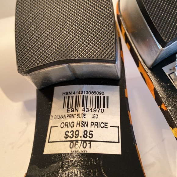 Diane Gilman leopard orange black sequin square toe chunky block heel slides - Picture 10 of 16